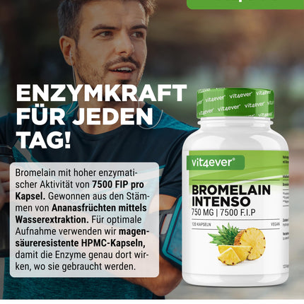 Bromelain Intenso - 750 mg (7500 FIP) - 120 gastro-resistant capsules - Extra high dosage - Natural pineapple extract - Vegan