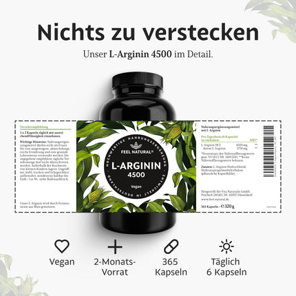 L-Arginine - 365 vegan capsules - 4500mg plant-based L-Arginine HCL from fermentation (of which 3750mg pure L-Arginine) per daily dose - High dosage, no additives, laboratory-tested, produced in Germany