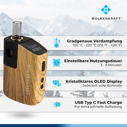 WOLKENKRAFT FX MINI ULTRA Premium Vaporizer - USB-C | Magnetic Slide-In Mouthpiece | Titanium Chamber | Temperature 100-220 °C | Operating Timer 3-5 Min. | 100% Convection *Wooden Look*