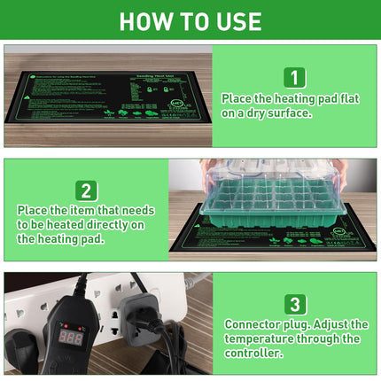 Verdenu Heat Mat Plant Heating Mat, 25 * 52 cm Heating Mat with Digital Thermostat Controller Combo Set, Propagation Heating Mat for Plant Germination, Indoor Greenhouse Propagator, Greenhouse