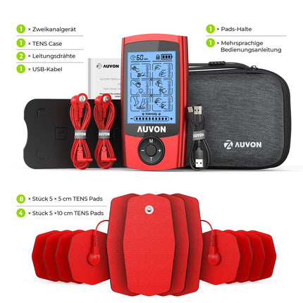 AUVON TENS device with EVA carrying case, rechargeable electrical stimulation device for pain with 24 training programs, 2-channel red TENS device for pain therapy, 12 premium electrodes with patented design