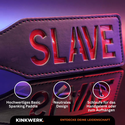KINKWERK Spanking Paddle (lettering) made of high-quality synthetic leather for men and women | Ergonomic design with wrist strap | Multifunctional BDSM accessory (SLAVE)