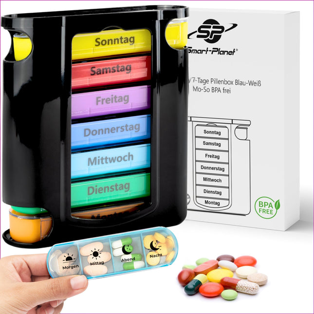 Tablet box 7 days 4 compartments - BPA free - pill box handy organizer for on the go pill box - - medicine box morning noon evening supplements week - medicine box Smart Planet