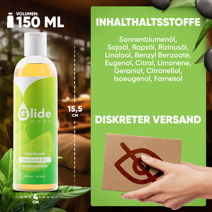 GlideHype PREMIUM Massage Oil INSPIRATION with lime scent | skin-caring lubricant for sensual massages and relaxation (150 ml)