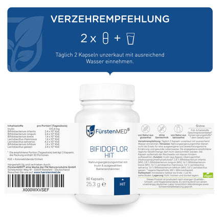 FürstenMED® Bifidoflor HIT - Lactobacillus and Bifidobacterium Capsules for Histamine Intolerance - 60 Gastro-Resistant Capsules with Inulin - Laboratory Tested, Vegan and No Additives