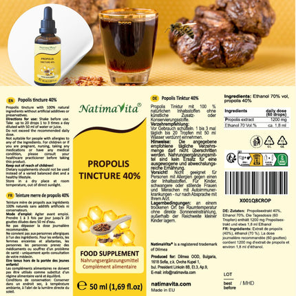 Propolis Tincture 40% - 50 ml - Pure High-Dose Drops - 100% Natural Extract - Immune System Support - Practical Pipette - NatimaVita