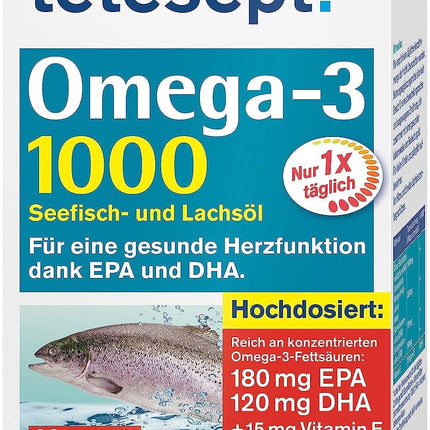 tetesept Omega-3 1000 - Sea Fish and Salmon Oil Capsules - High Dose Omega 3 Fatty Acids DHA, EPA &amp; Vitamin E - Dietary Supplement to Support the Cardiovascular System - 80 Capsules (1 Pack)