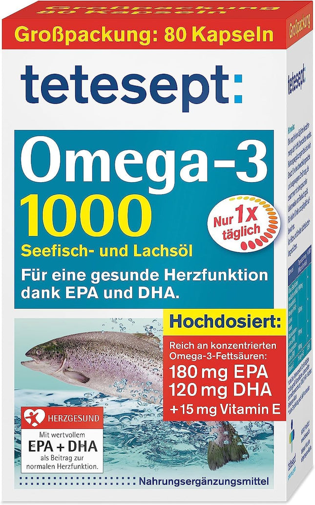 tetesept Omega-3 1000 - Sea Fish and Salmon Oil Capsules - High Dose Omega 3 Fatty Acids DHA, EPA &amp; Vitamin E - Dietary Supplement to Support the Cardiovascular System - 80 Capsules (1 Pack)