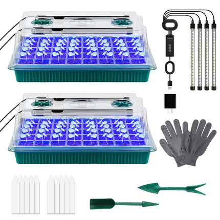 Indoor greenhouse growing box, 2 pieces 80 cell seedling starter trays, starter trays with growth light, with plant lamp, gloves, labels, small gardening tools, for seedling plants.