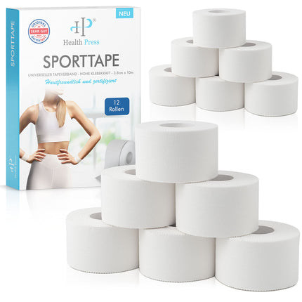 Health Press® Sports Tape - 12 Tape Rolls (3.8cm x 10m) - White Sports Tape - Tearable Professional Sports Tape - Sports Tape Bandage for all Sports