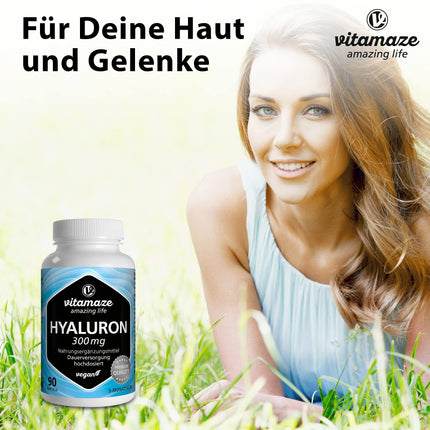 High-dose hyaluronic acid capsules, 300 mg per capsule, vegan, 3-month continuous supply, high bioavailability: low molecular weight 500-700 kDa, dietary supplement without additives, made in Germany