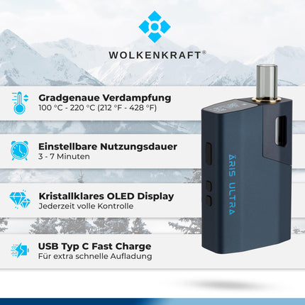 WOLKENKRAFT ÄRiS ULTRA Premium Vaporizer - USB-C | Titanium Chamber | Temperature 100-220 °C | Operating Timer 3-7 Min. | ECA Convection Technology *Night Blue*