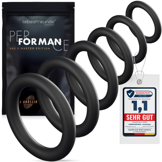 Liebesfreunde® Deluxe Cock Ring Set - 6 stretchy cock rings for harder erections, penis and testicle rings for men - Perfect fit, sex toy for couples, black