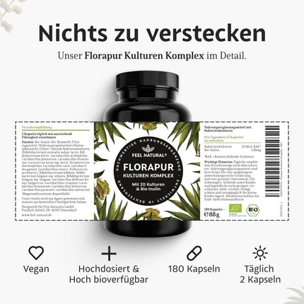Florapur Culture Complex - 180 gastro-resistant capsules - 3-month supply - 20 bacterial cultures &amp; organic inulin - 20 billion CFU per daily dose - Lactic acid bacteria, bifidobacteria - vegan