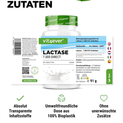 Lactase 7,000-365 Tablets with immediate effect - High dosage with 7,000 FCC units - For lactose intolerance and milk intolerance - No unwanted additives - Laboratory-tested - Vegan