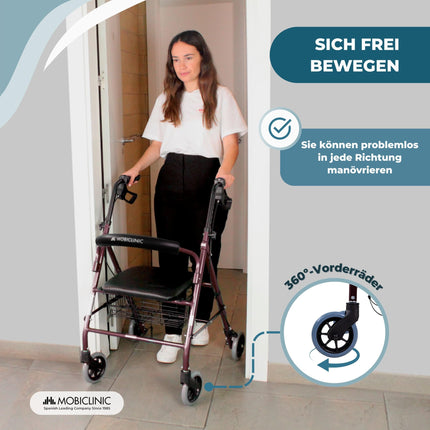 Mobiclinic®, Rollator, Escorial, European brand, Foldable and lightweight, Lockable handbrake, Walking aid, Aluminum, Removable basket, With seat and backrest, Bordeaux