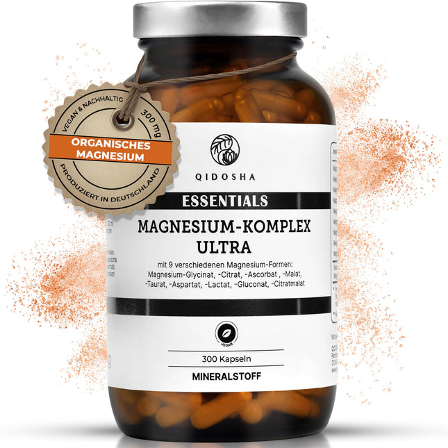 QIDOSHA® Magnesium Complex high-dose, 300 capsules in a pharmacist's glass, 9 Mg forms with complementary active ingredients as a full-spectrum Mg, 300mg elemental magnesium/daily serving