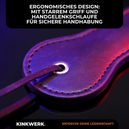 KINKWERK Spanking Paddle (lettering) made of high-quality synthetic leather for men and women | Ergonomic design with wrist strap | Multifunctional BDSM accessory (SLAVE)