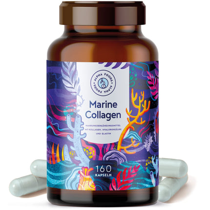 Marine Collagen with Hyaluronic Acid Capsules | 160 Capsules | Marine Collagen Hydrolysate &amp; Marine Elastin with Hyaluronic Acid &amp; Spirulina | Alpha Foods