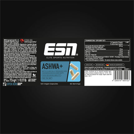 ESN Ashwa +, patented Ashwagandha root extract KSM-66®, 120 capsules, Indian passionflower, with magnesium, vitamin B6 &amp; zinc, vegan (packaging may vary)