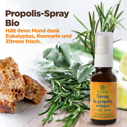 Organic Propolis Spray - 20 ml. Contributes to the well-being of the mouth and throat. Contains propolis, honey, rosemary, eucalyptus, and lemon.