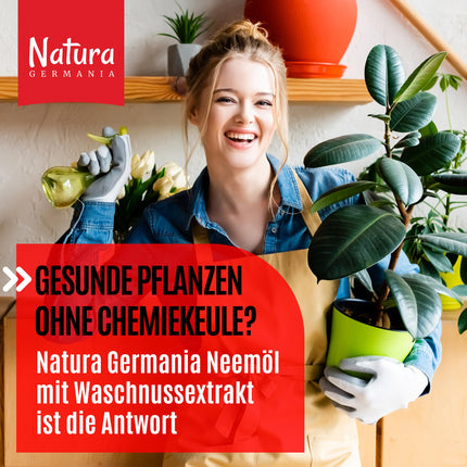 Natura Germania® Neem oil 1000ml with soap nut extract with spray bottle and measuring cup - Makes 100 liters of ready-to-spray solution - Neem spray for natural plant care for houseplants/garden plants
