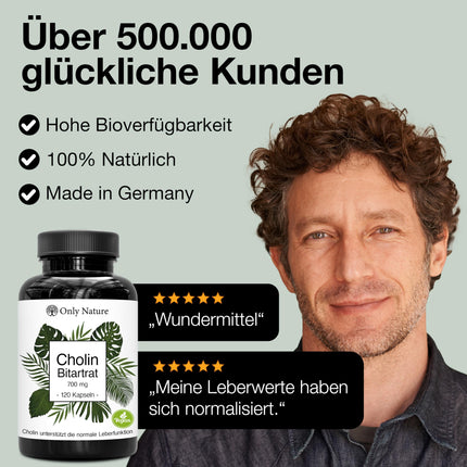 High-dose choline 700 mg - 120 liver capsules - Natural &amp; effective - Produced in Germany &amp; laboratory tested - High-dose choline capsules - Liver detoxification - Choline Bitartrate