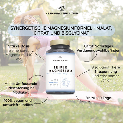 High-dose magnesium complex, 440 mg elemental magnesium per daily dose. Triple magnesium with: magnesium citrate 1440 mg, magnesium bisglycinate 600 mg, magnesium malate 600 mg. 180 tablets. 3-month supply. N2