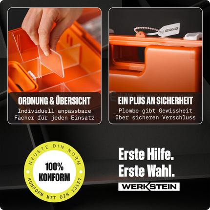 First aid kit with contents according to the new DIN 13157:2021 I First aid case including practical wall mount, 5x stickers &amp; seal I First aid kit for companies, institutions &amp; home