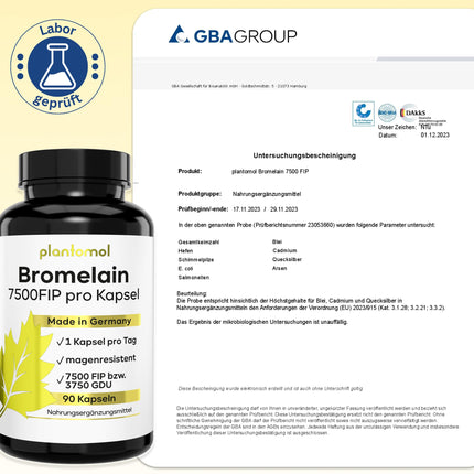 Bromelain capsules with 7500 FIP/capsule - High-dose bromelain - 750mg bromelain enzyme from pineapple - Enzyme activity of 10,000 FIP/g - 3-month supply