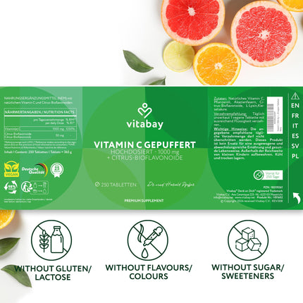 Vitabay Vitamin C High Dose 1000mg - 250 Vegan Time Released Tablets Vitamin C Buffered - Vit C with Citrus Bioflavonoids - Vitamin C with Delayed Release - Laboratory Tested