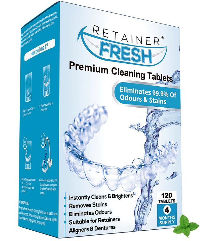 Retainer Cleaning Tablets – 120 Retainer Tablets Keep Your Retainer Fresh and Stain-Free – Retainer Cleaner Tablet, Mouthguard, Denture Cleaner Tabs, Dental Splint