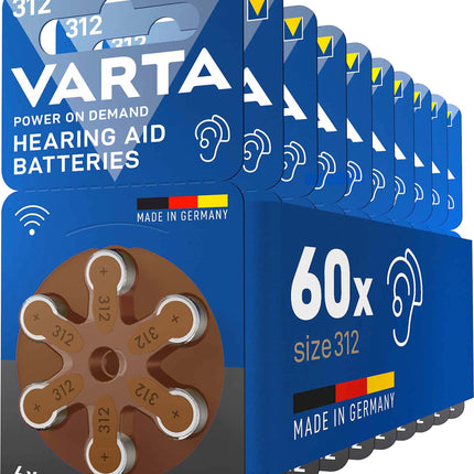 VARTA hearing aid batteries type 312 brown, 60 batteries, storage pack, Power on Demand, wireless approved, size p 312 for hearing aids and hearing aids, Made in Germany