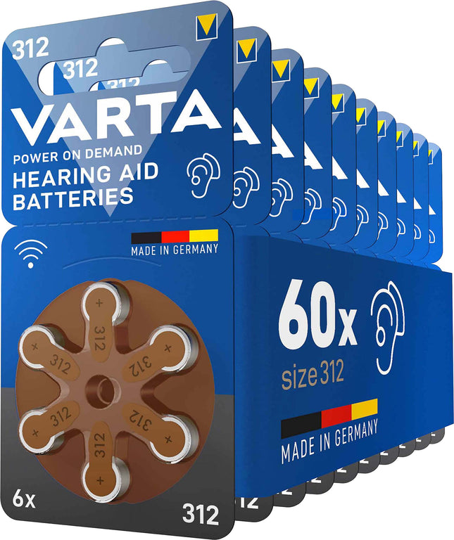 VARTA hearing aid batteries type 312 brown, 60 batteries, storage pack, Power on Demand, wireless approved, size p 312 for hearing aids and hearing aids, Made in Germany