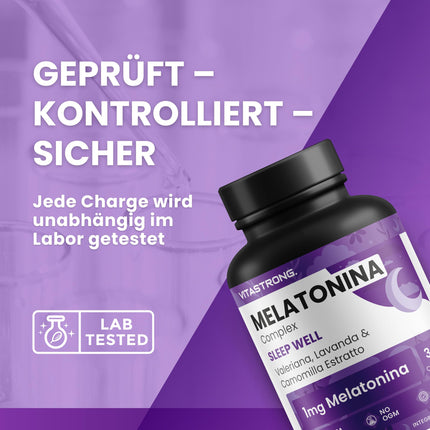Melatonin Vitastrong Complex, 365 micro-tablets, high dose with chamomile, valerian, lavender and vitamin B6, melatonin tablets for sleep quality and jet lag, sugar-, gluten- and GMO-free