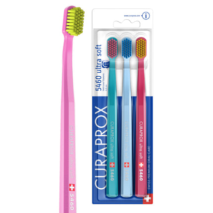 Curaprox Toothbrush Set CS 5460-3-Pack Ultra Soft Manual Toothbrush for Adults 5460 with super soft CUREN bristles -Random Color