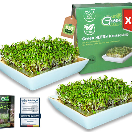 Green SEEDS® Cress Sieve Set of 2 [The Original] | Stainless steel sieve with high-quality ceramic bowl, sustainably packaged | Growing tray 14 x 14 cm + Sprouting ABC | Cress germination tray