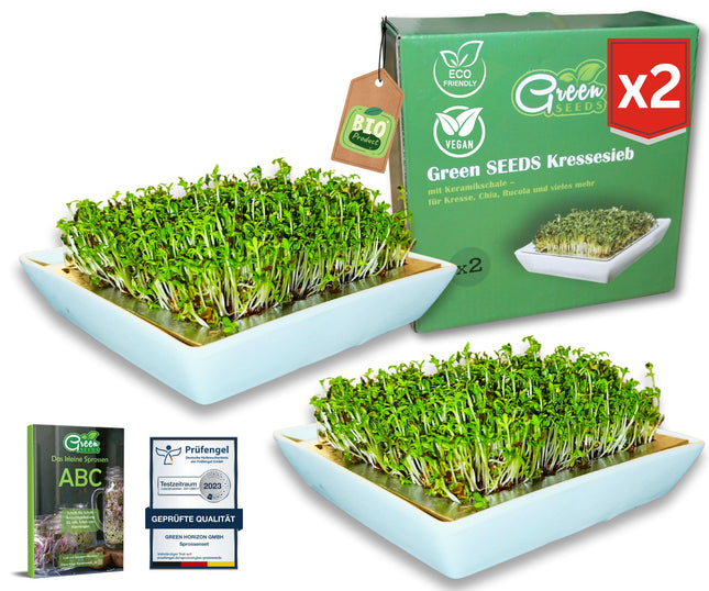 Green SEEDS® Cress Sieve Set of 2 [The Original] | Stainless steel sieve with high-quality ceramic bowl, sustainably packaged | Growing tray 14 x 14 cm + Sprouting ABC | Cress germination tray