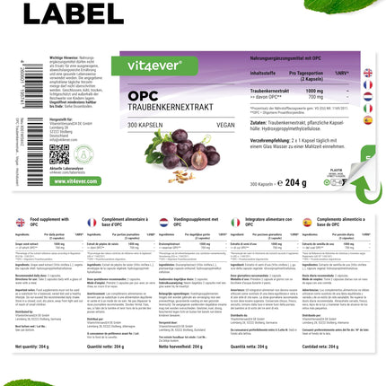 OPC Grape Seed Extract - 300 Capsules - 1000mg extract with 700mg OPC - Highest OPC content according to HPLC - Laboratory-tested OPC from European grapes - Vegan - High dosage