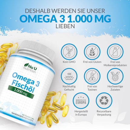 Omega 3 Fish Oil 1000mg - 365 Capsules High Dose - 900mg EPA &amp; DHA per dose in triglyceride form - Pure Fish Oil from Sustainable Fishing - Essential Omega 3 Fatty Acids - Nu U Nutrition