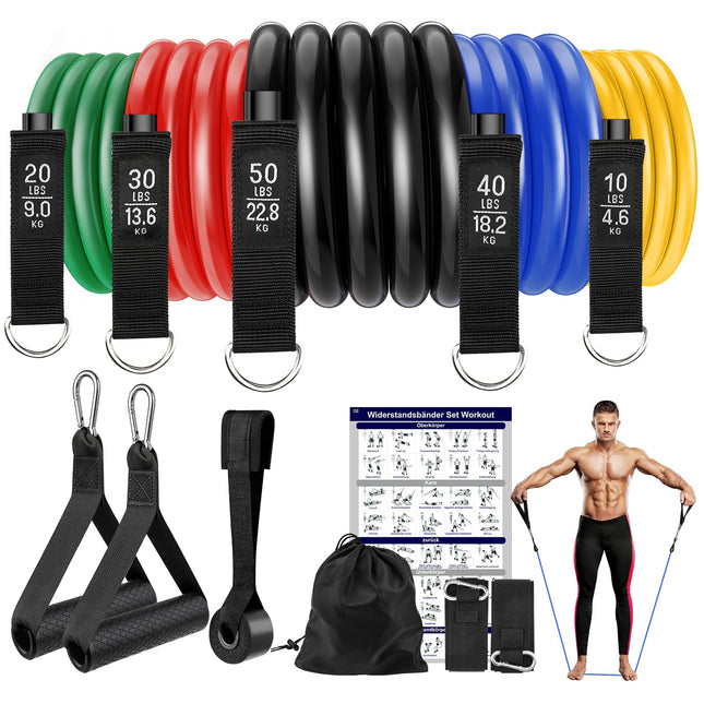 Fokky Fitness Bands, Set of 5 Resistance Bands, Resistance Bands with 5 Resistance Levels with Door Anchor, Handles, Ankle Straps, Ideal for Yoga, Pilates, Muscle Building, Exercise Band for Men and Women