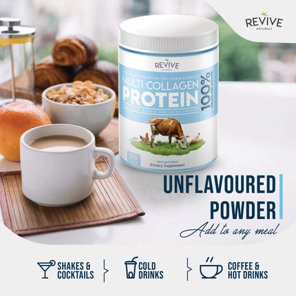 Revive Naturals Multi-Collagen Protein Powder - Types I, II, III, V &amp; X - Hydrolyzed Grass-Fed Beef, Wild-Caught Fish and Free-Range Chicken, Unflavored, Halal - (400g), Powder
