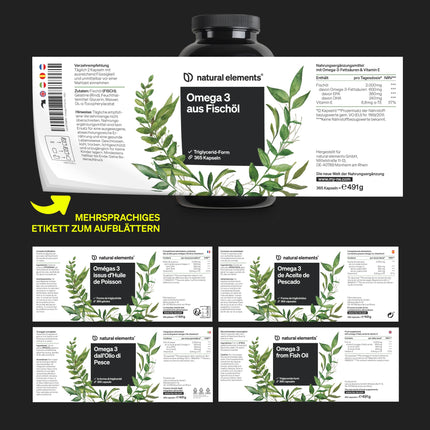 Omega 3 – 365 capsules – 2000mg fish oil per daily dose – with EPA and DHA in triglyceride form – Laboratory tested, elaborately purified and from sustainable fishing
