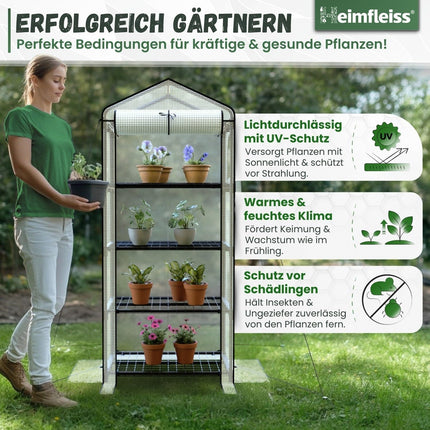 Heimfleiss® 4-level plastic greenhouse | Small balcony greenhouse | Storm- and winter-proof garden propagator | Plant tent made of plastic and metal frame | Propagation shelf for balcony greenhouse