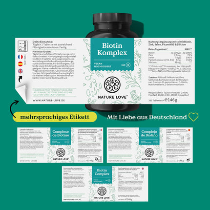 Biotin Complex - with zinc, selenium, silicon &amp; vitamin B5 - high dose with 10,000µg biotin - 365 tablets for hair, skin and nails - hair vitamins in a year's supply - vegan &amp; laboratory-tested