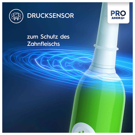 Oral-B Pro Junior Electric Toothbrush for children ages 6 and up, pressure sensor, 3 brushing modes including sensitive for dental care, soft bristles &amp; timer, designed by Braun, green