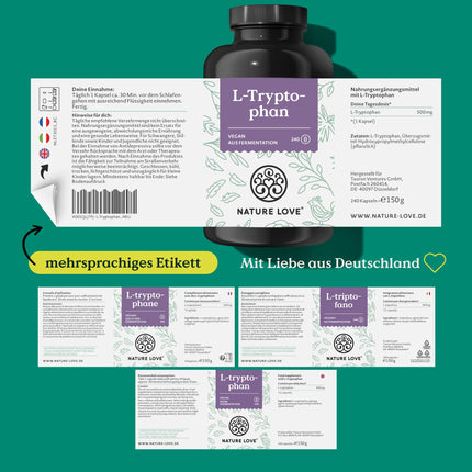 NATURE LOVE® L-Tryptophan - 240 capsules, laboratory-tested, high-dose with 500 mg per daily dose, vegan and produced in Germany - without unnecessary additives