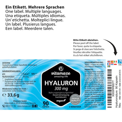 High-dose hyaluronic acid capsules, 300 mg per capsule, vegan, 3-month continuous supply, high bioavailability: low molecular weight 500-700 kDa, dietary supplement without additives, made in Germany