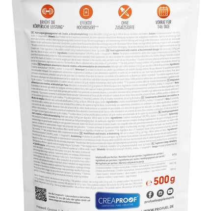 CREAPROOF® Creatine Monohydrate 500g - Creatine monohydrate with the highest purity, confirmed by independent laboratory analyses - Creatine free from heavy metals or contaminants - Premium creatine powder