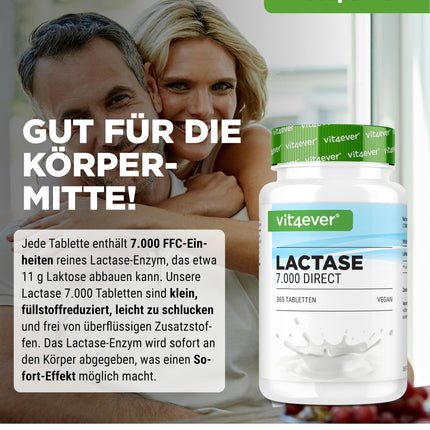 Lactase 7,000-365 Tablets with immediate effect - High dosage with 7,000 FCC units - For lactose intolerance and milk intolerance - No unwanted additives - Laboratory-tested - Vegan